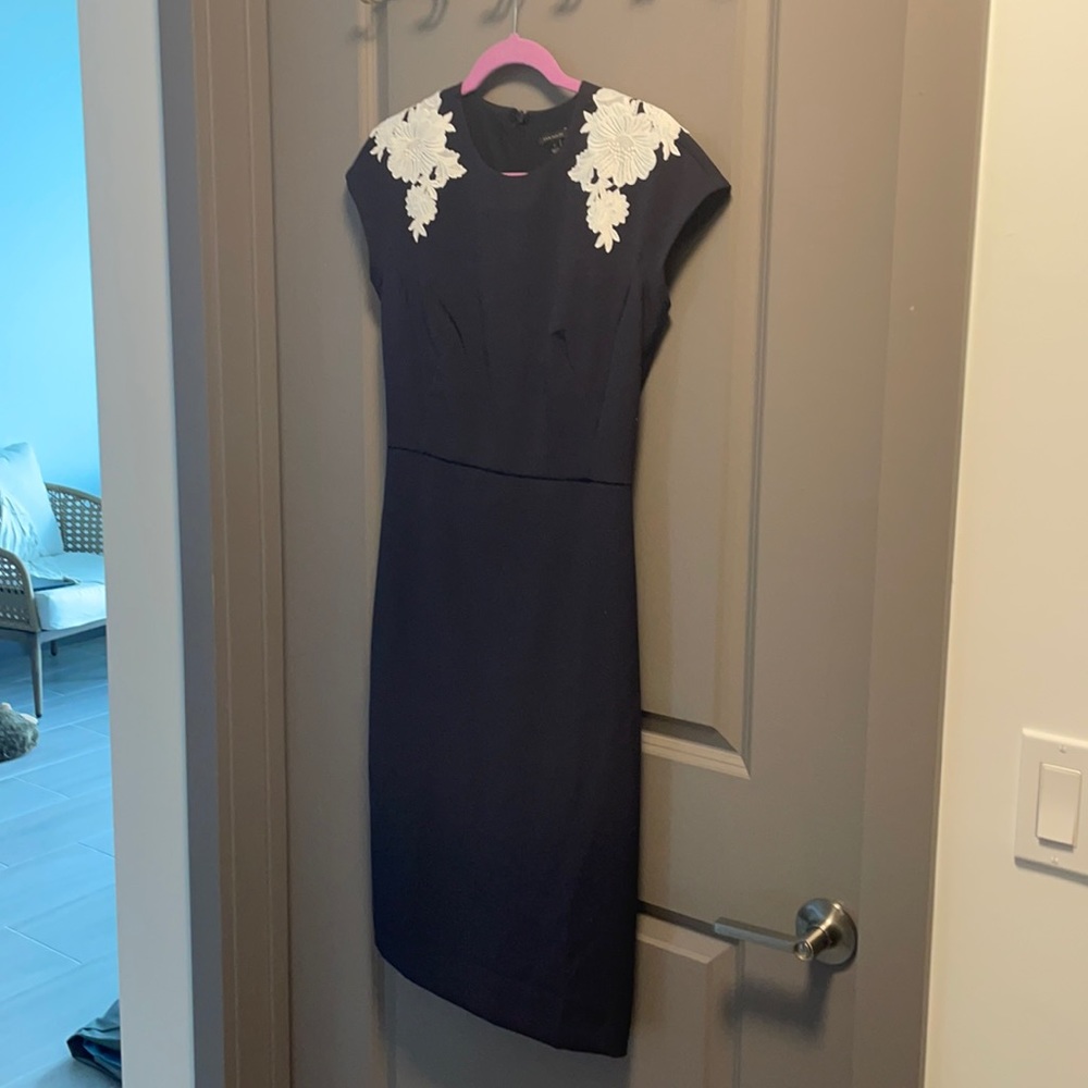 Navy Sheath Dress with Lace Accents